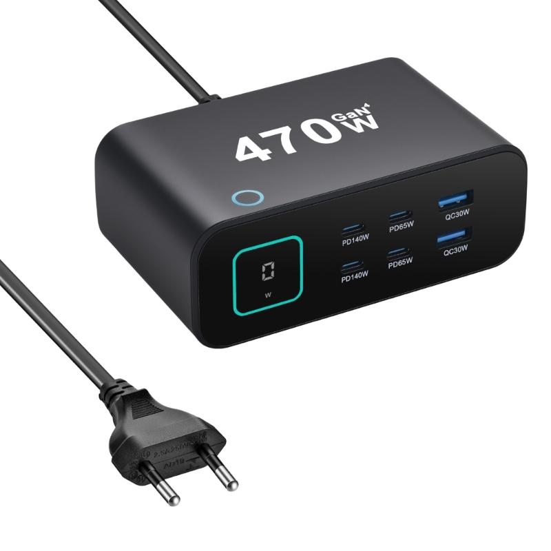 

Powerful 470W Charger Featuring Digital Screen And 6 Port Including 140W Type C For Fast Charging чорний