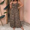 Women's Spaghetti Strap Loose Wide Leg Jumpsuit Leopard Print U Neck Casual Vacation Jumpsuit With Side Pockets