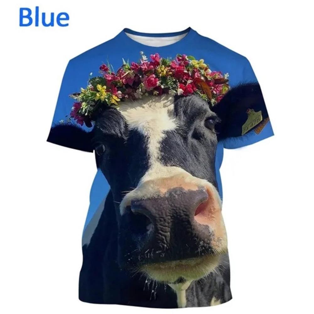 3D Printing Cow Animal Graphic T Shirts Men Funny Retro Short Sleeve T-Shirt O-Neck Full Print Idyllic Tee Tops Streetwear