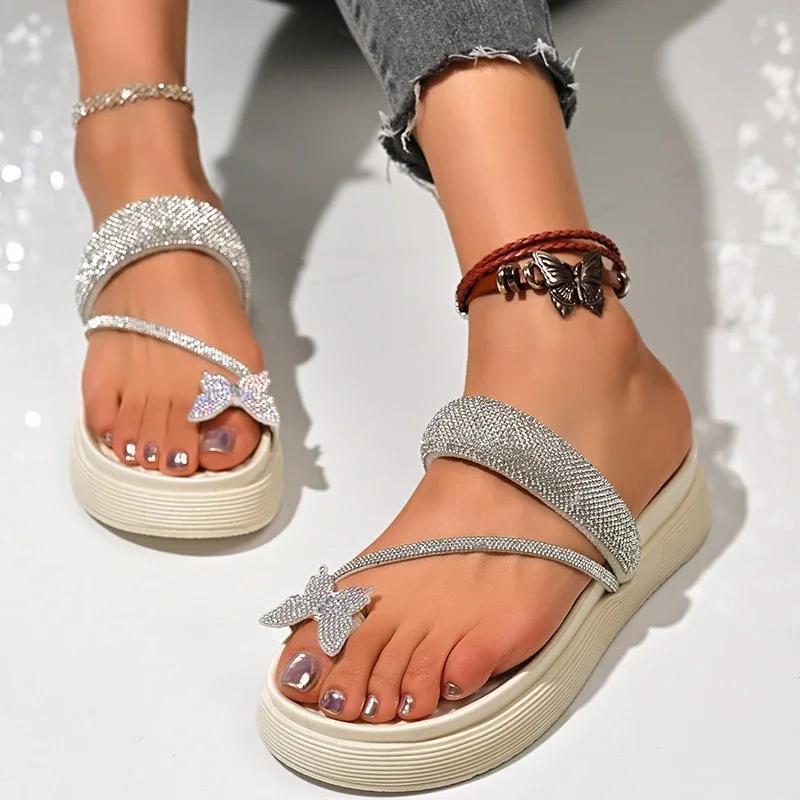 Fashion Crystal Butterfly Clip Toe Sandals Women 2025 Summer Beach Vocation Shiny Straps Wedges Slides Woman Chunky Platform Flip Flops