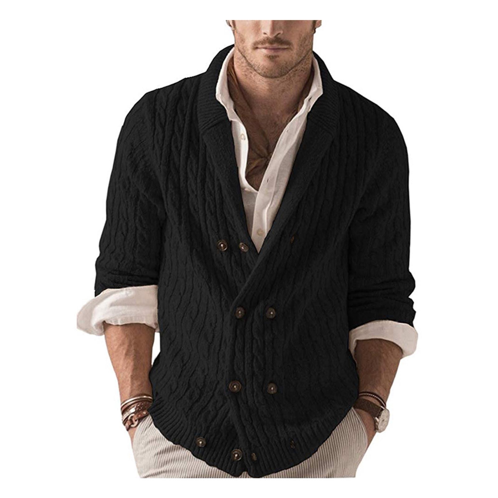 

И зимняя мужская мода свободный кардиган теплая куртка с капюшоном и лацканами свитер вязаное пальто L чёрный