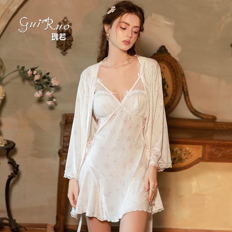 Women's Velvet Mesh Low Cut Push Up Removable Pads Sleep Dress with Robe Lounge Set