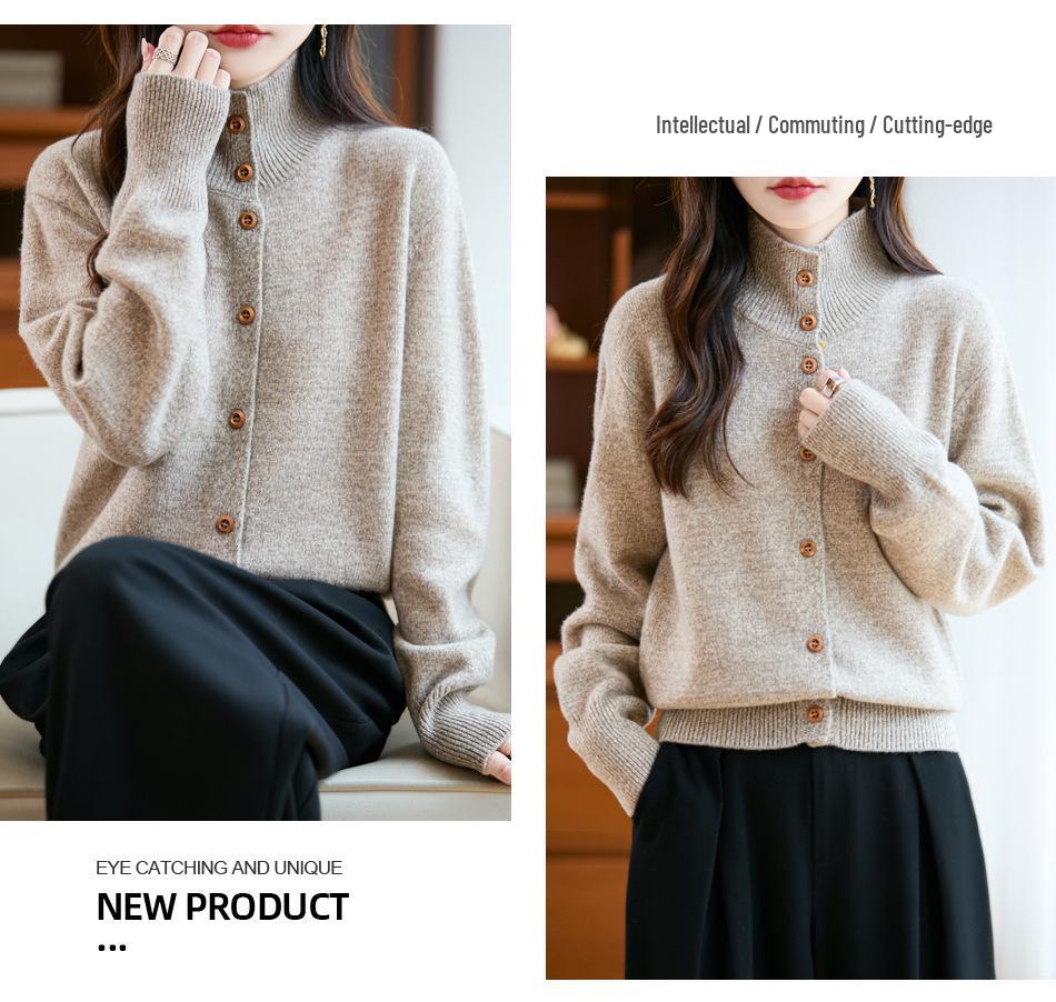 Women's Thickened Pure Wool Knit Cardigan - Autumn/Winter Half-High Collar, Versatile Lazy Style Sweater