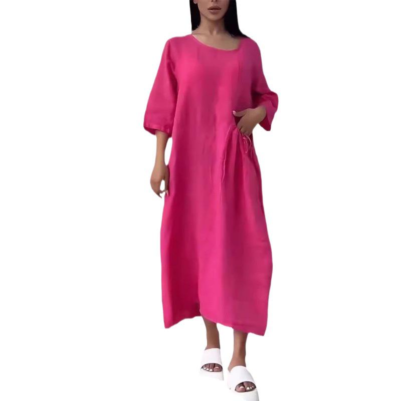 2024 Women's Cotton Linen Solid Colored Casual Button Long Dress with Round Neck