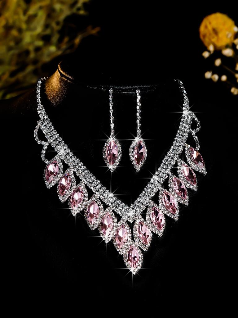 Conjunto de Colar e Brincos de Diamante de Luxo Acessórios para Festa Vestido de Casamento Jantar Corrente de Colar e Brincos de Strass da Moda para Meninas