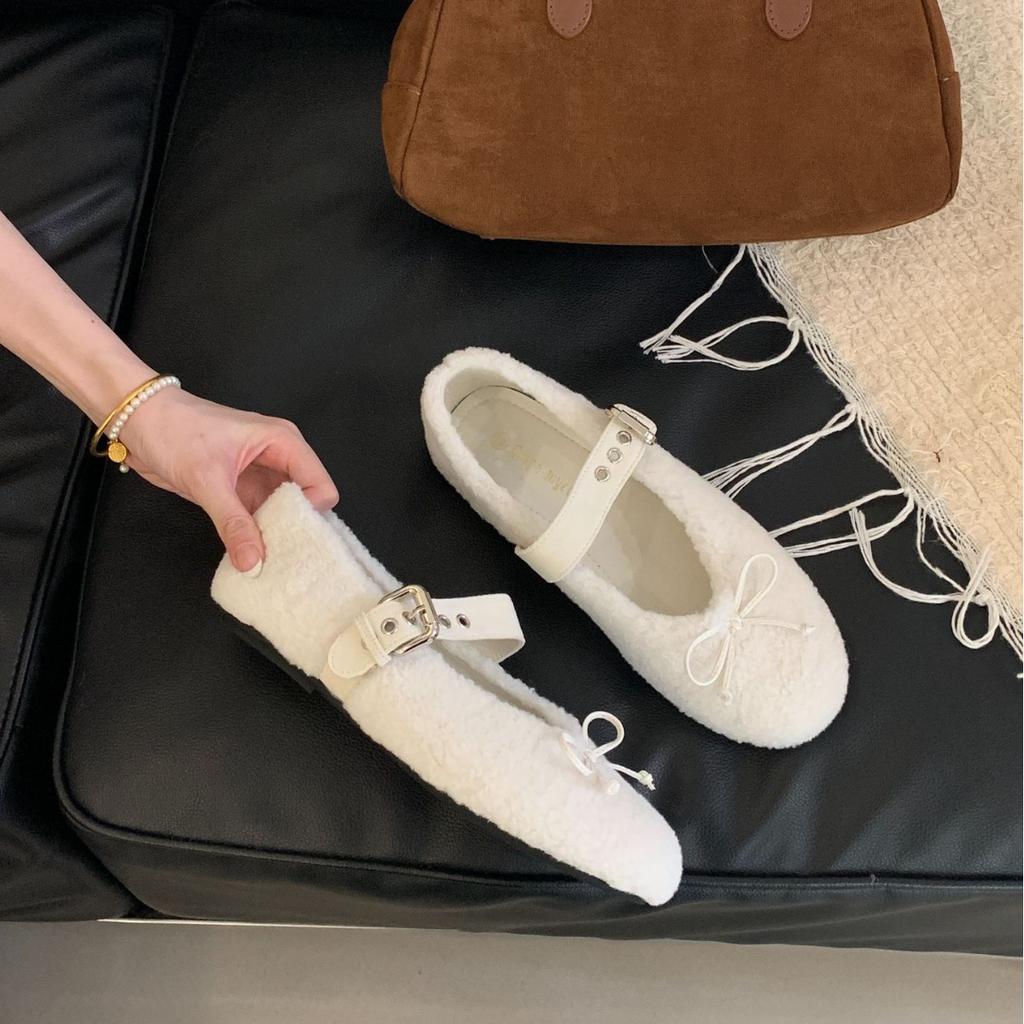 Fashion Shoes Woman 2025 Loafers Fur Autumn Low Heels Female Footwear Shallow Mouth Bow-Knot New Comfortable Winter Fall Dress  Shoes Wo