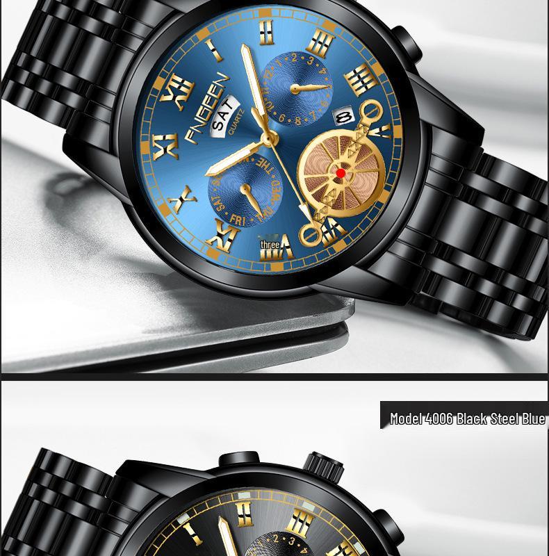 Orologio da uomo FenZun con Tourbillon Volante Nero e Cinturino in Acciaio con Diamanti Neri