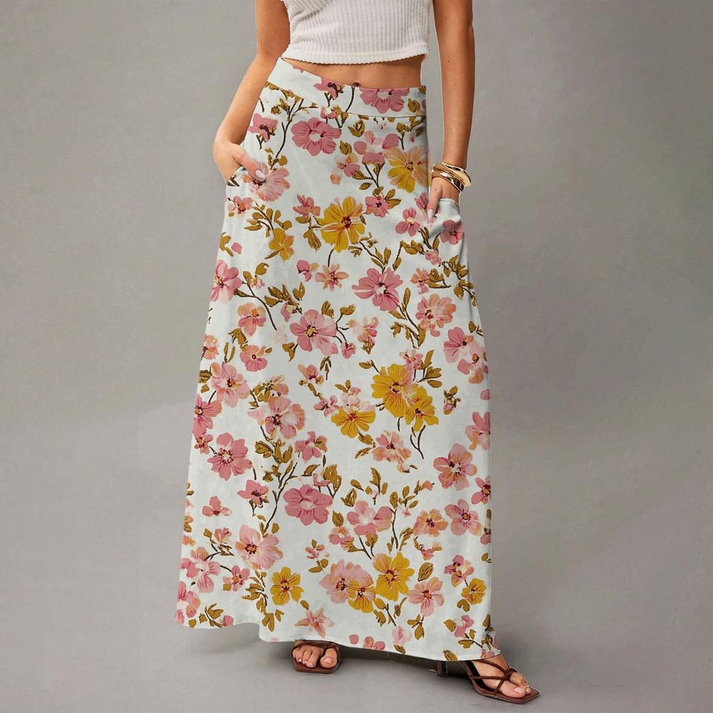 Women's Casual Leisure Foldable Floral Print High Waist With Pocket Draped  Relaxed Long Maxi Skirt