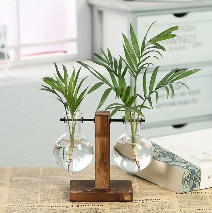 Creative Glass Desktop Planter Bulb Vase Wooden Stand Hydroponic Plant Container Home Tabletop Decor Vases