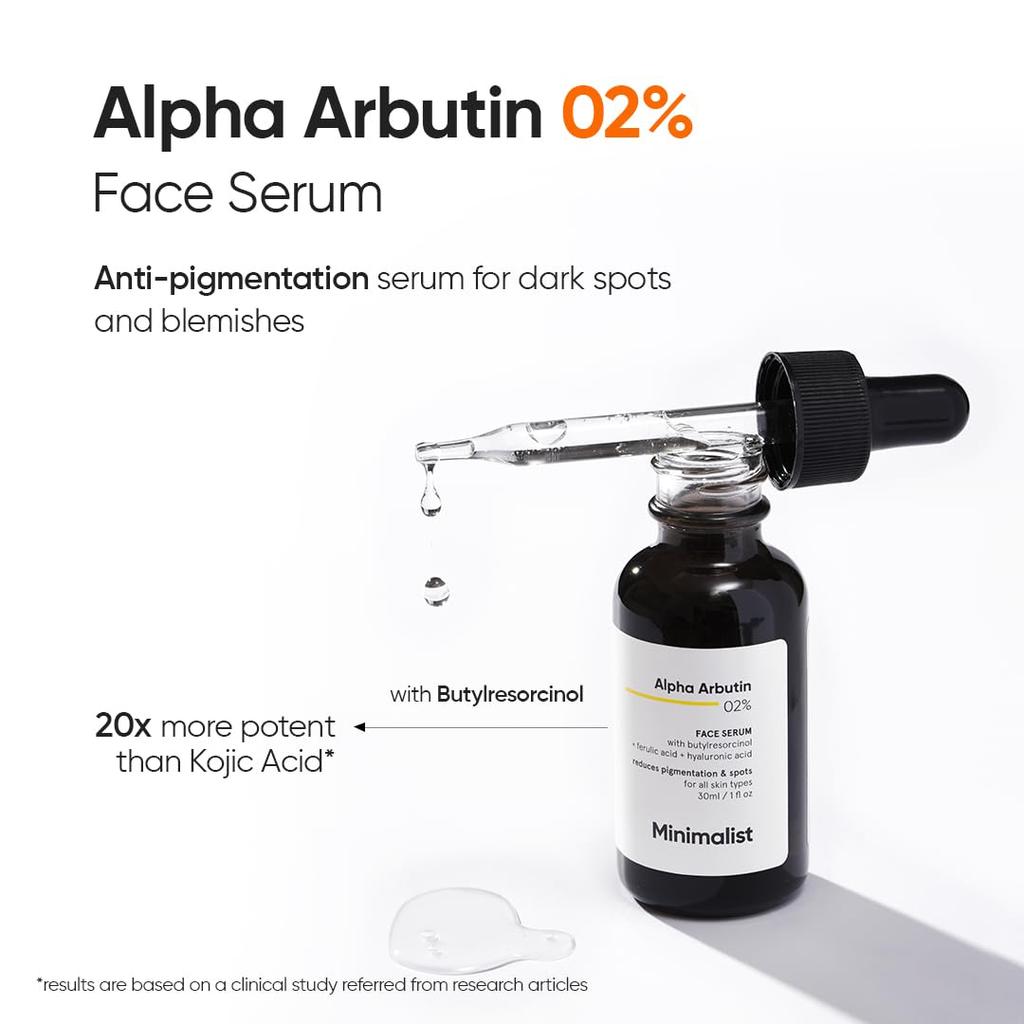 Minimalist Dark Spots Removal Serum 2% Alpha Arbutin For Hyperpigmentation, Blemishes, Acne Marks & Tanning, Non-Comedogenic, Fragrance-Free, 10 Ml