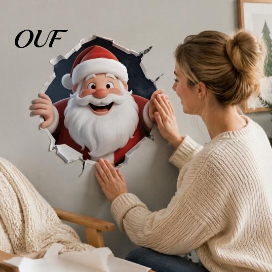 Seasonal Window Clings for Glass Christmas Wall Sticker, 3D Santa Claus Break Through Decal, Easy Peel Festive Art Living Room & Stick Holiday