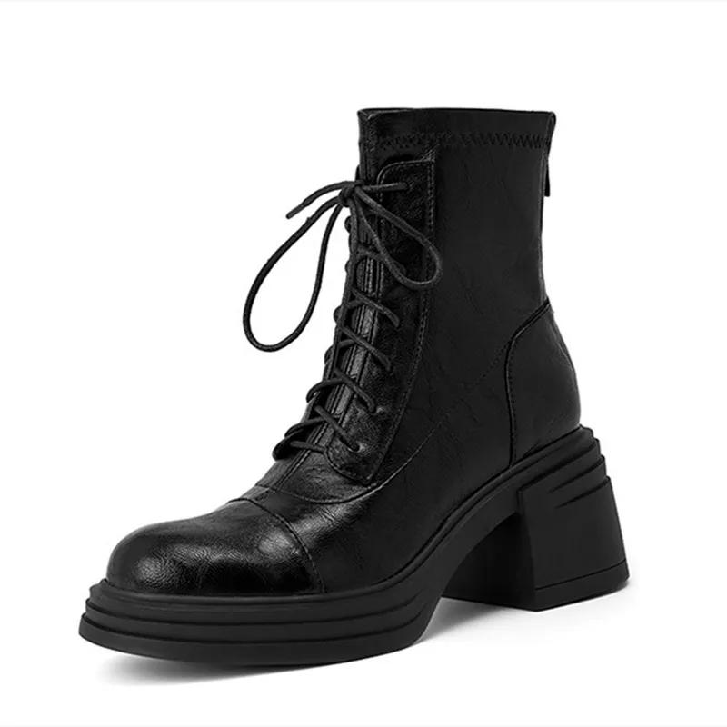 Retro Lace Up Chunky Heel Women Ankle Punk Back Zipper Round Toe Knight Fashion Non Slip Short for Adult Women