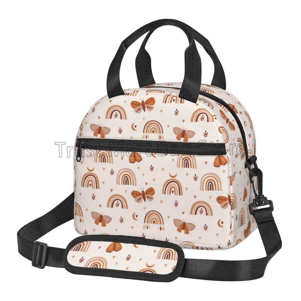 Boho Rainbow Insulated Lunch Bag Women Girls Waterproof Lunch Box Bento Tote Bags for Work Picnic with Adjustable Shoulder Strap