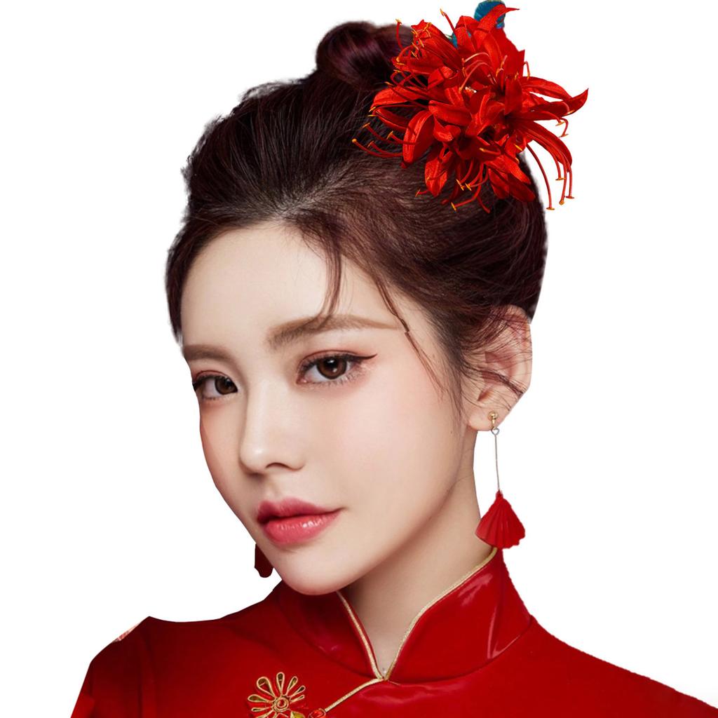 Fairy Red Silk Flower Hair Clips Chain Tassel Hairpins Women Girls Party Headpieces Retro Chinese Wedding Bride Hair Jewelry
