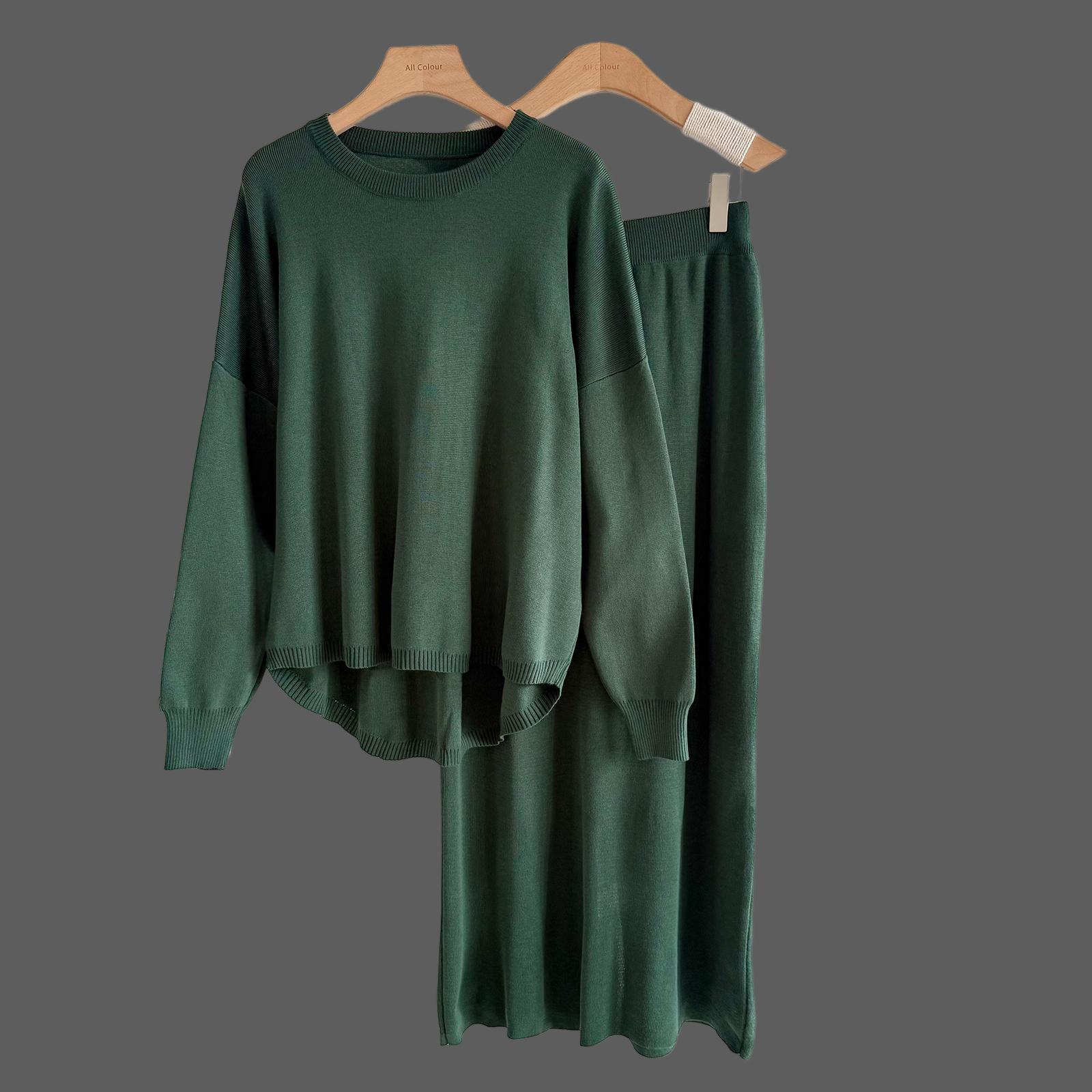 

Комплект свитер и юбка Осень и Зима Однотонный Простой Модный Повседневный Вязаный Комплект с Длинным Рукавом One size зелёный