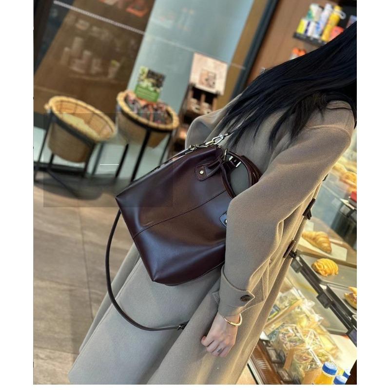 Classic Versatile Vegetable Basket Bucket Bag Genuine Leather Large Capacity Vegetable Tanned Soft Cowhide One-shoulder Handbag