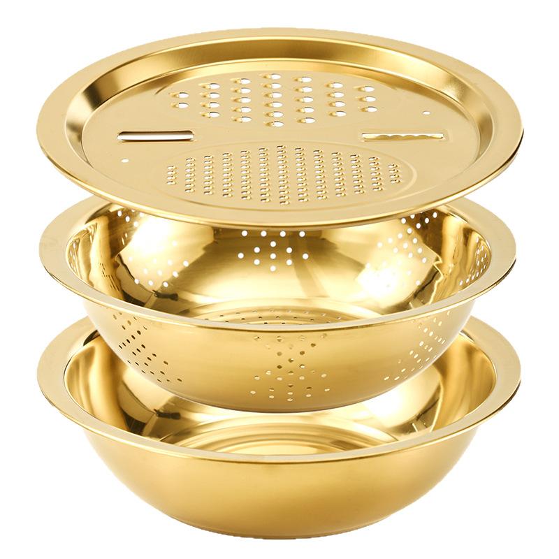 

3-In-1 Stainless Steel Kitchen Set, Equipped with Built-in Grinding, Multifunctional Filter, and Mixing Bowl золотистий