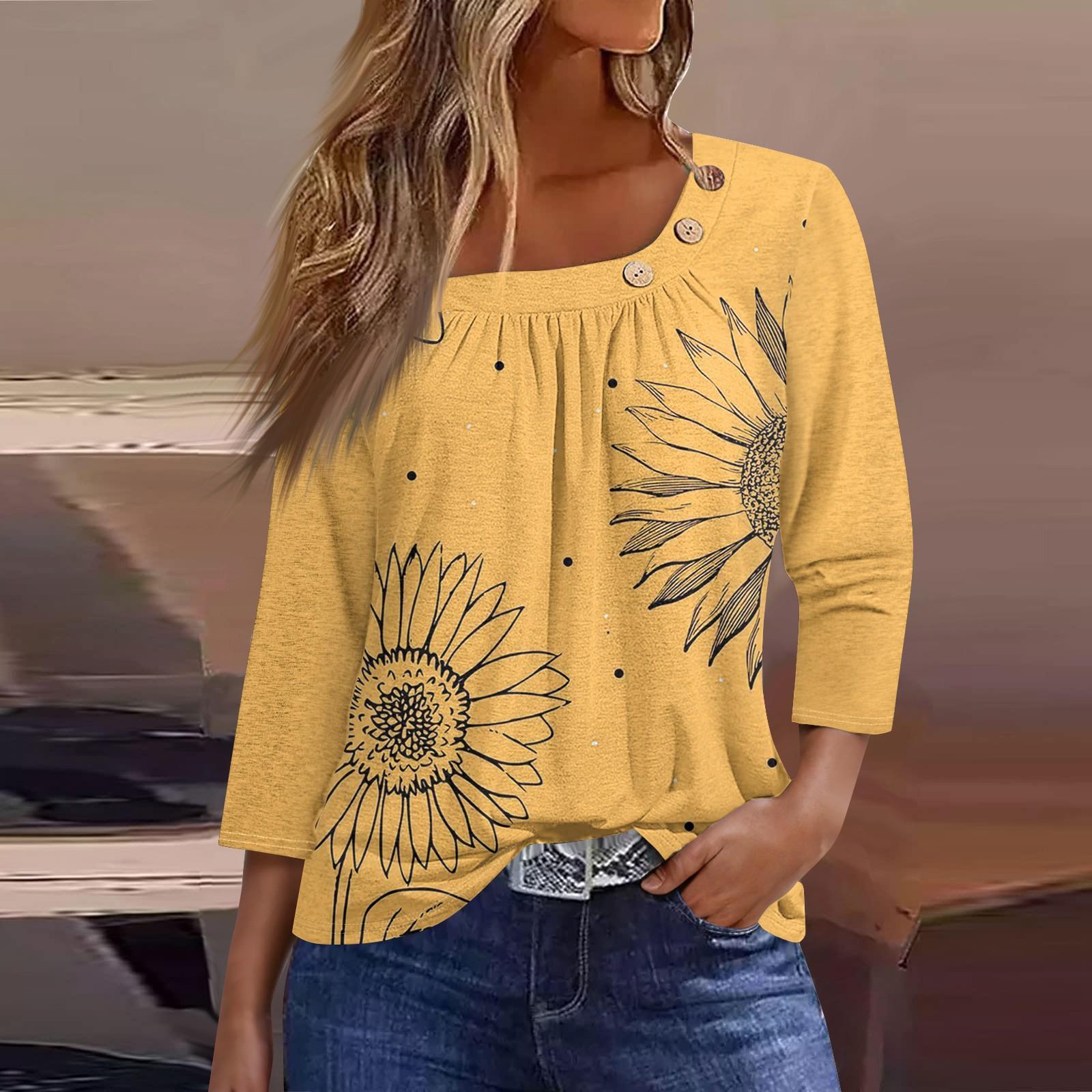 

Жен. Футболка Футболка С принтом Пуговицы Рукав 3/4 Повседневные Выходные Мода Классический Классический Верх XL жёлтый