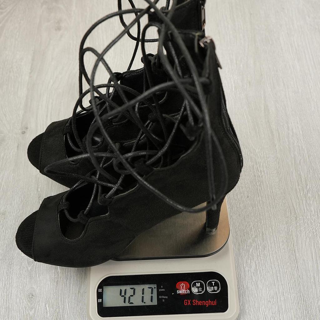 2024 Plus Size Lace-up Peep-toe High Heel Sandals - European & American Style, Suede PU