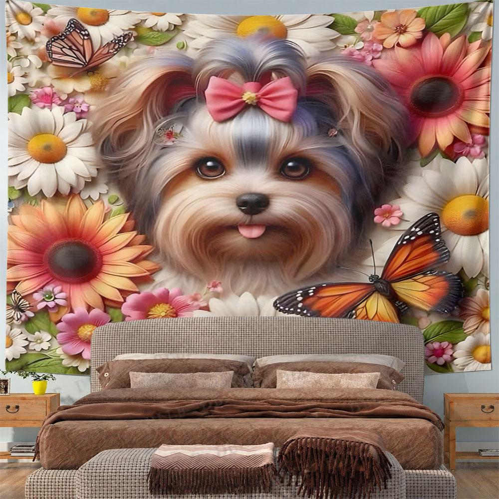 Yorkie Puppy with Flowers and Butterflies Pattern Wall Hanging Tapestry Decorative Tapestry Home Decor for Bedroom and Living Room