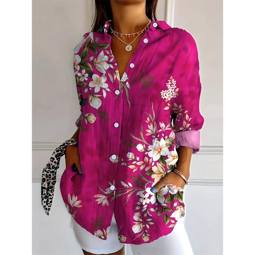New Summer Fashion Women's Lapel Shirt Big Size Button Long Sleeve Daily Weekend V Neck Tops Floral Printed Loose Casual Shirt