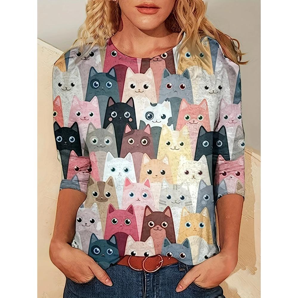 Camiseta Casual con Estampado de Gato 3D Manga Holgada Manga Larga Cuello Redondo Top Harajuku de Mujer