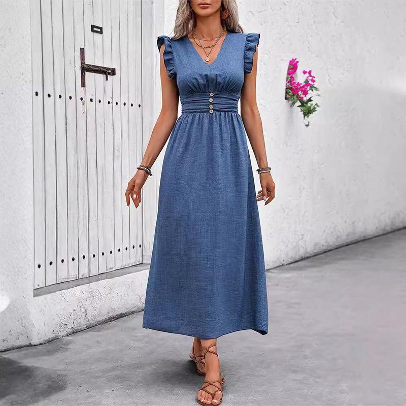 

European and American Summer Temperament Puff sleeve Waist Hugging French style Long dress Frill V-neck Dress Women Blue S