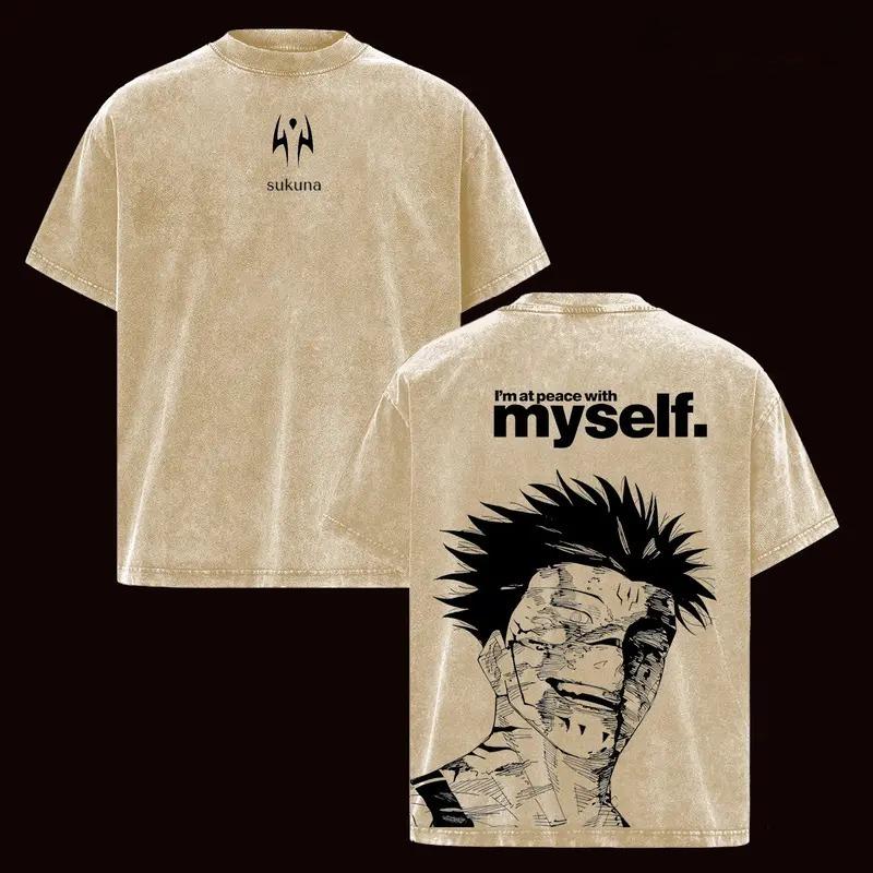 Ryomen Sukuna Printed Tee Anime Jujutsu Kaisen Clothing Men Women Retro Washed T-shirts Casual Tshirt Harajuku Cotton T Shirt XXL коричневый