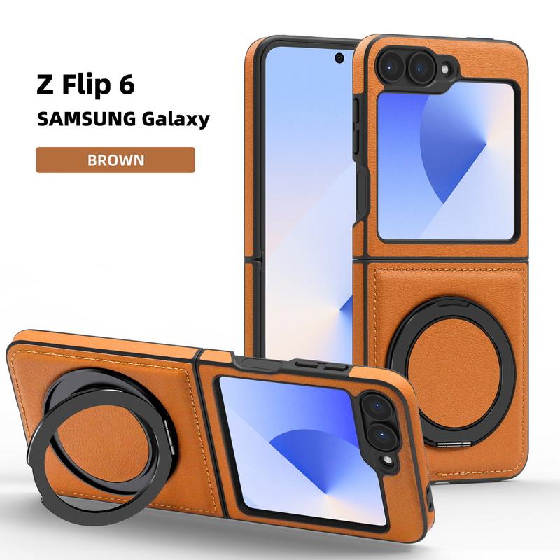 

Тонкий складной чехол из сплошного цвета из кожи для Samsung Galaxy Z Flip6 Flip5 Flip4 3 с беспроводной зарядкой, противоударный, с магнитной металлической подставкой, задняя крышка Samsung Z Flip6 коричневый