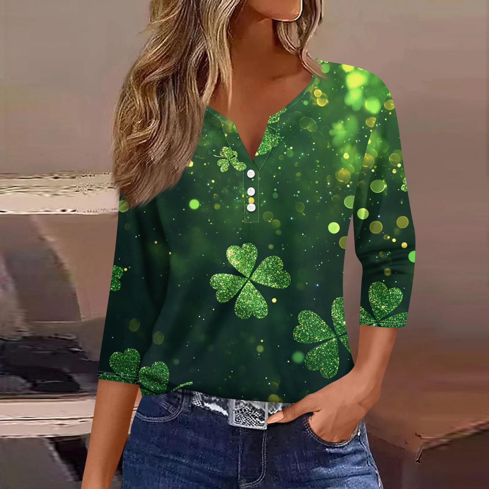 

Жен. Футболка Футболка С принтом Пуговицы Рукав 3/4 Повседневные Выходные Мода Классический V-образный вырез Обычный Топ XL зелёный
