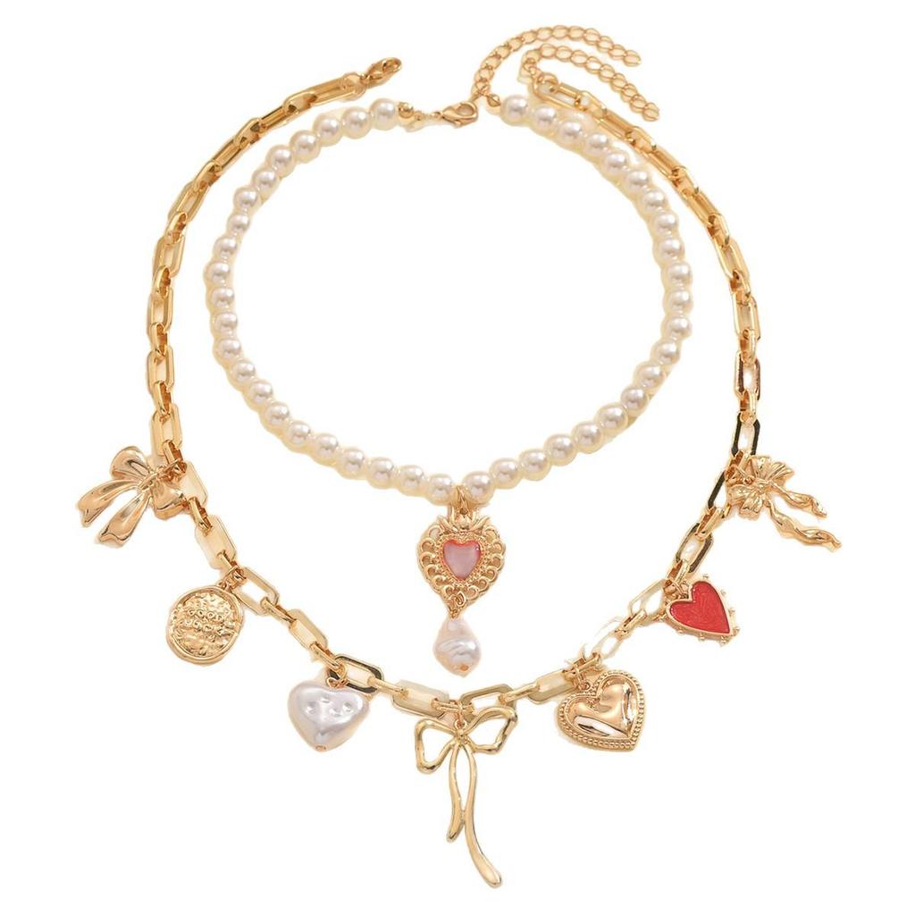 Double-Layer Imitation Pearl Necklace with Bow and Heart Pendants