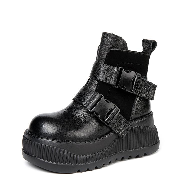 Women's Retro Genuine Leather Martin Boots - Height-Increasing, Thick Sole Ankle Boots for Autumn/Winter, British Style.