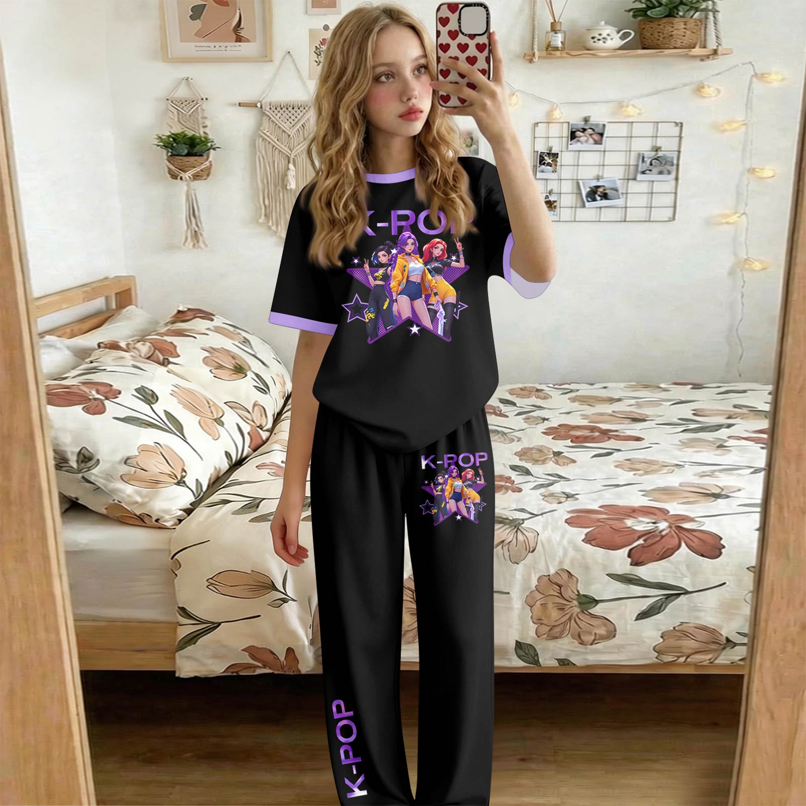Kids Two Piece Pajama Set Long Sleeve Top and Pants Loose Fit Casual Sleepwear Soft Fabric Comfortable Fit 100 чёрный