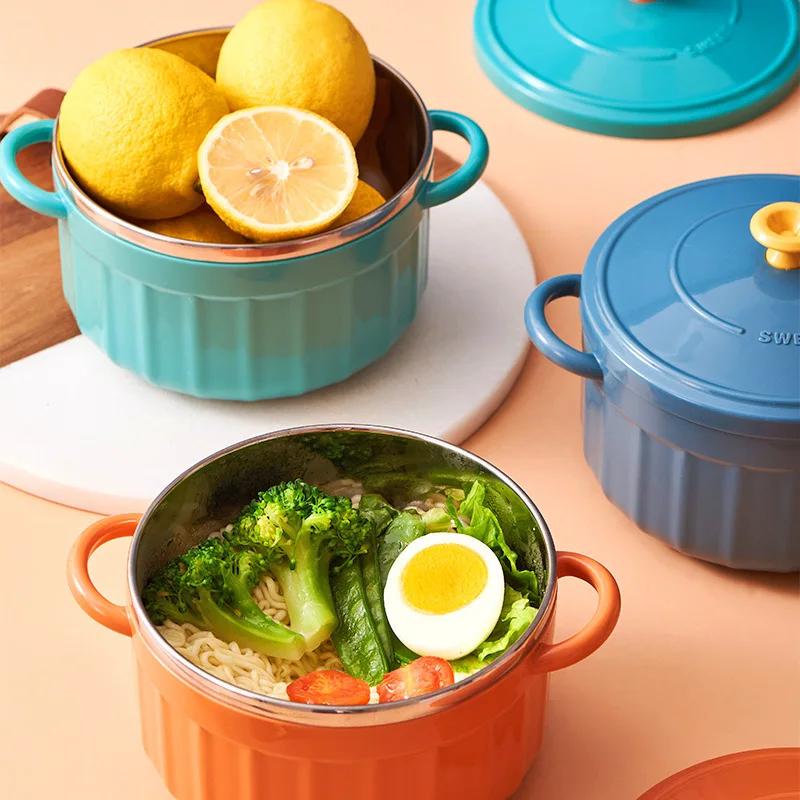 850ml Instant Ramen Schüssel mit Deckel Löffel Niedlich Edelstahl Große Kapazität Nudel Obstsalat Suppenschüssel Set Küchengeschirr
