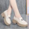 Platform Loafers New Women's Shoes Soft Leather Thick Heels British Small Round Toe Metal Decoration White Leather Shoes