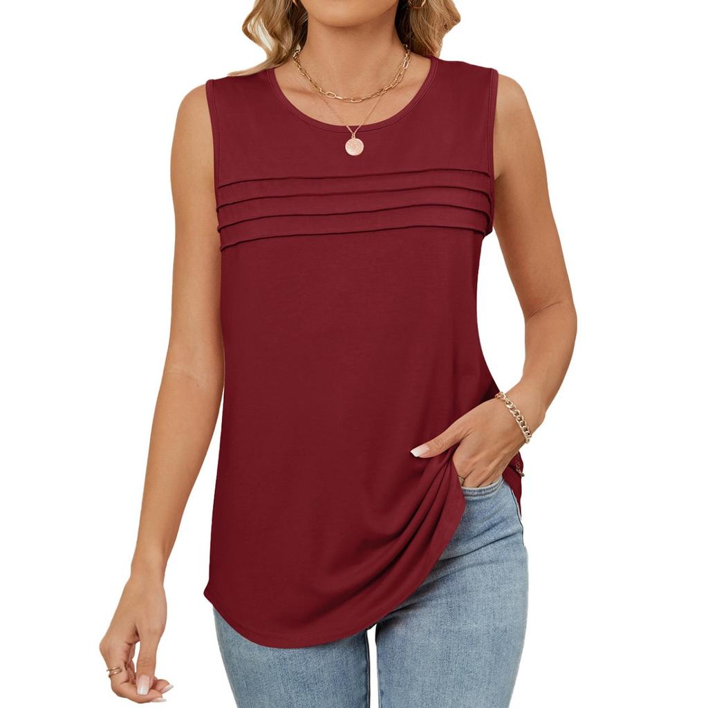 Spring Summer New Women's Solid Color Crew Neck Loose Sleeveless T-shirt Vest Casual Daily Tops For Leisure Leisure Trade Ready To Ship