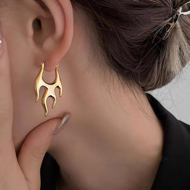 Gothic Punk Metal Flame Creative Earrings Neutral Exaggerated Irregular Geometric Perforated Earrings Daily Jewelry Gifts