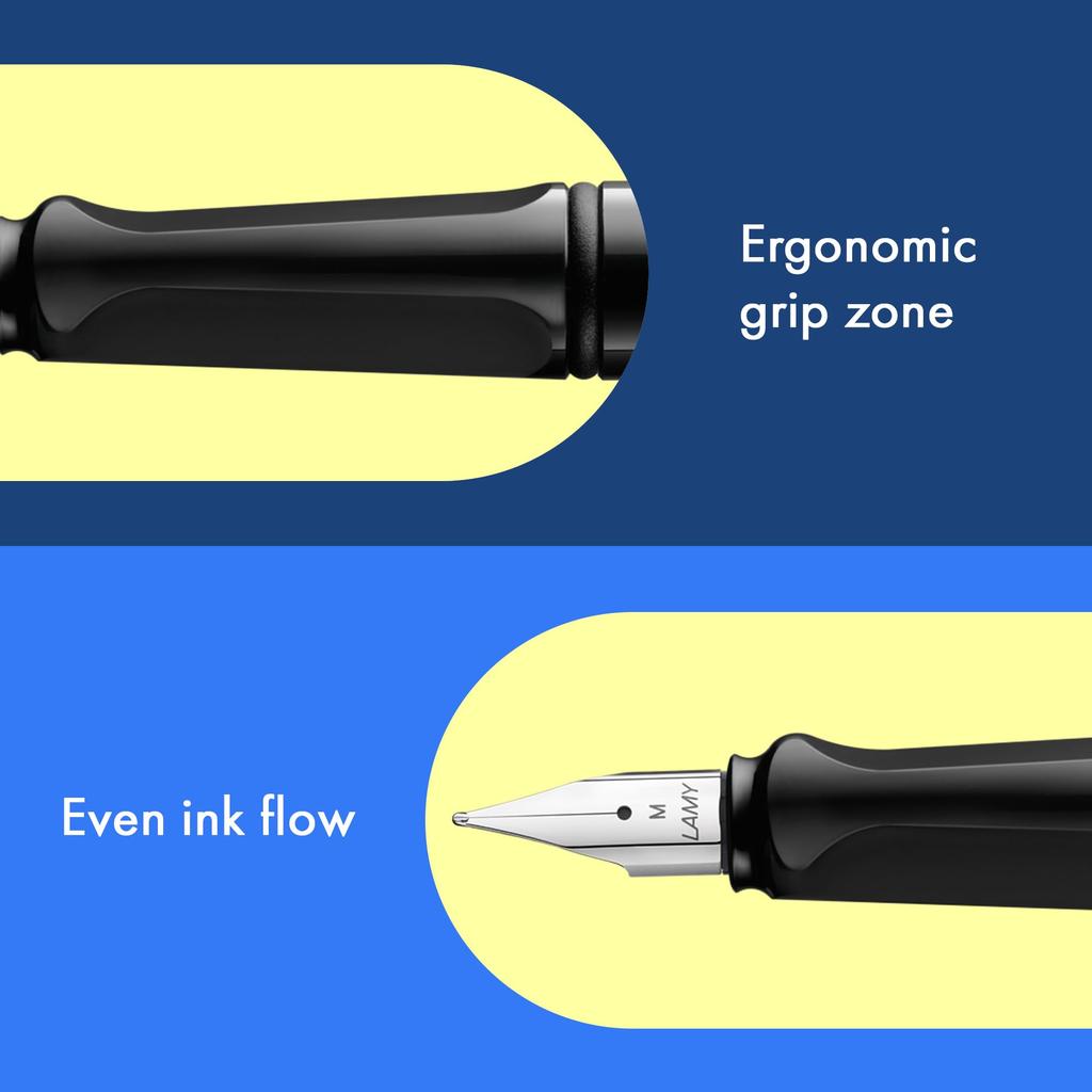 Lamy Safari Glänzend Schwarz Füller Schwarz Ergonomischer Griff und Polierter Stahl Größe F Ideal zum Schreiben und für Kalligraphie Enthält LAMY T10 Blaue Tintenpatrone