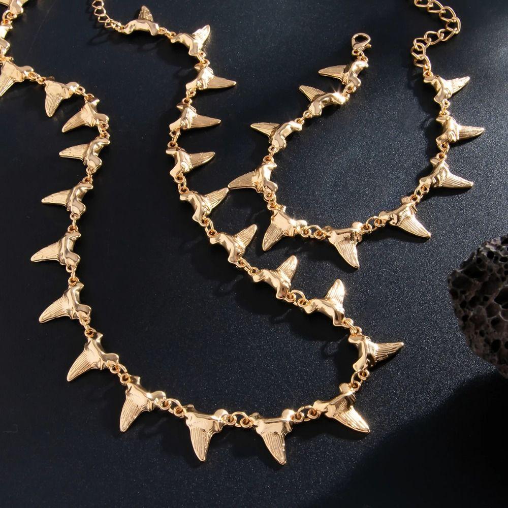 Ethnic Style Shark Teeth Pendant  Bracelet Silver Geometric Jewelry Set Rivet Spike Necklace  Gift