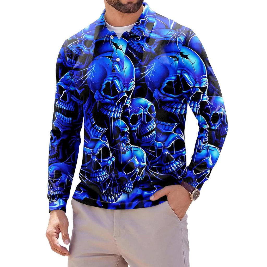 Men's Long Sleeve Mesh Shirt with Collar and Halloween Print Lightweight Breathable Top for Fall