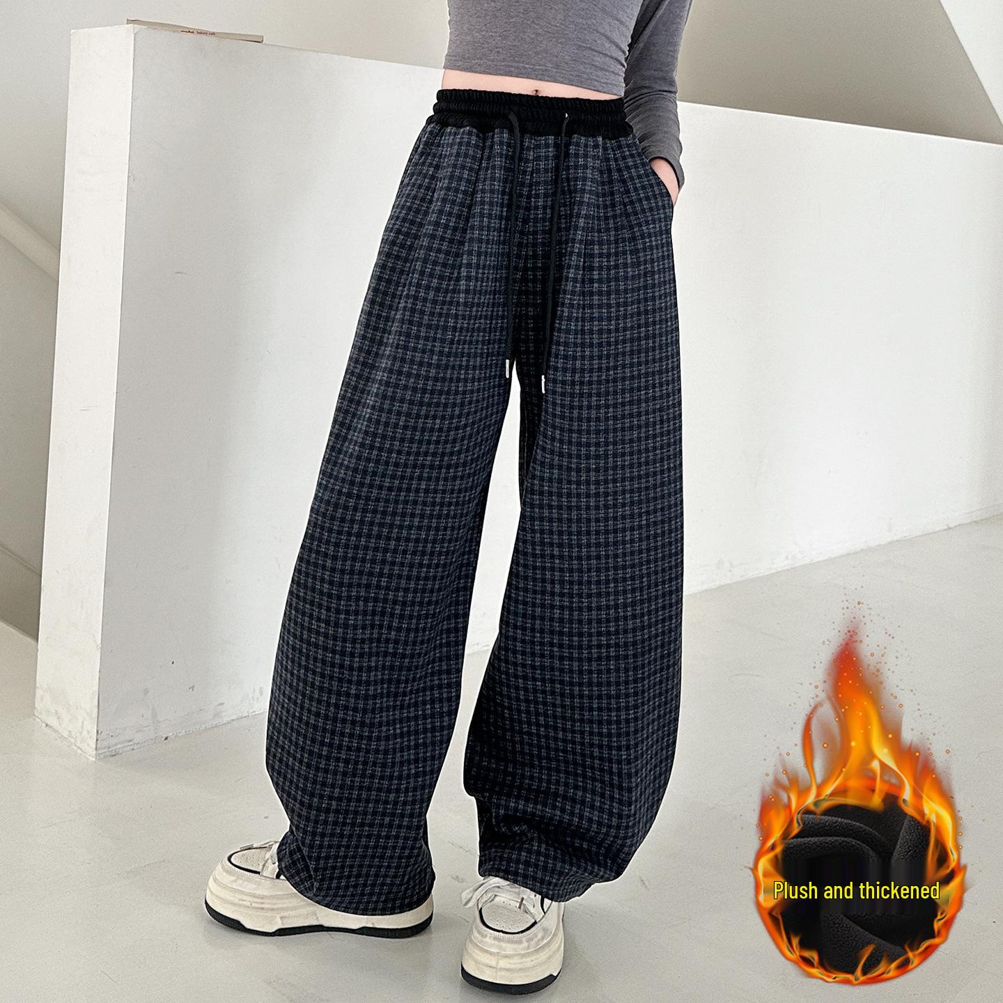 

Зимние клетчатые брюки для девочек 2025 года с флисовой подкладкой и широкими штанинами - Теплые, плотные, повседневные длинные брюки 150 cm