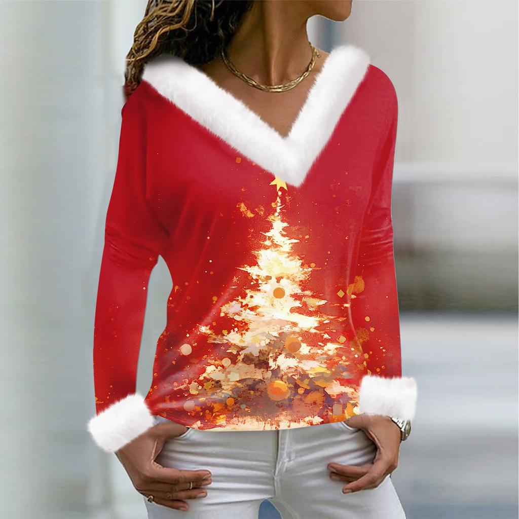 Camiseta de mujer, camiseta navideña, camiseta de manga larga, fiesta, estampado navideño, cuello polar, cuello en V