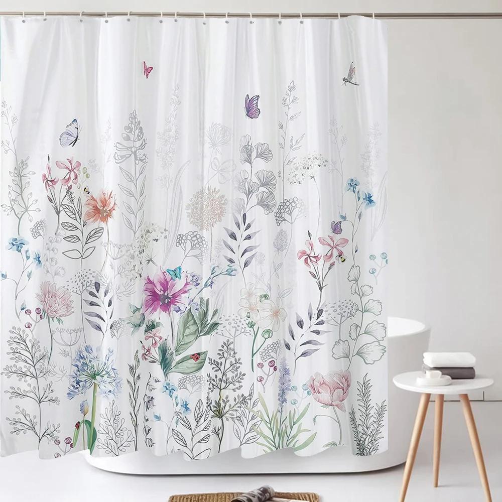Watercolour Flowersleaves Shower Curtain Morden Art Floral Waterproof Fabric Bathroom Curtains Room Decor Curtain With Hooks