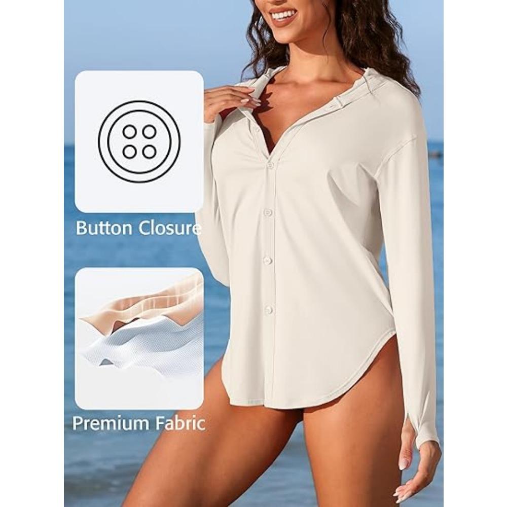 CHARMLEAKS Women Rash Guard UPF 50+ Sun Protection Clothing Button Down SPF Hoodie Beach Shirts