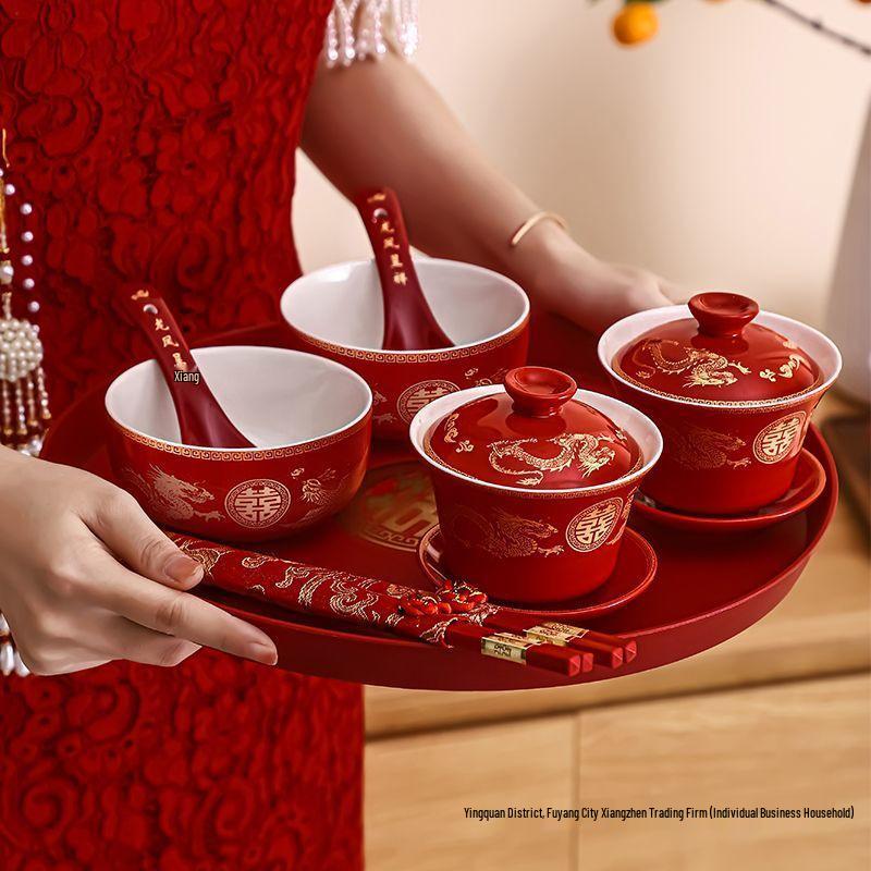 Wedding Tea & Chopstick Set: Red Bowls for Toasting & Happy Celebrations.