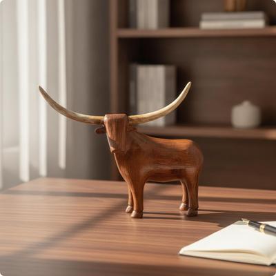 Wood-Look Bull Statue Compact Shelf Decor Sculpture Brown for Console Display