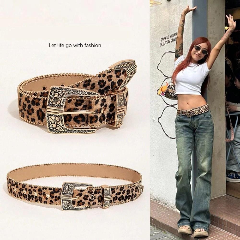 Y2K Carved Buckle Belt Cool PU Vintage Waistband Leopard Print Belt  Clothing Accessories