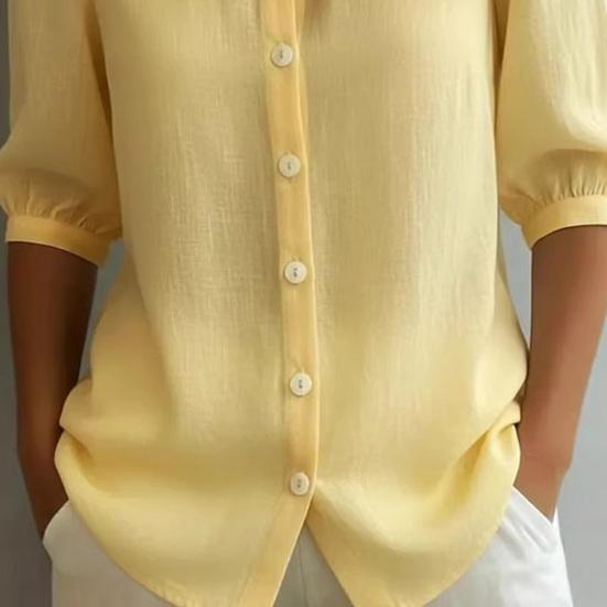 Women Tops Lapel Half Sleeve Buttons Placket Shirt Tops Pure Color Loose Fit Casual Style Shirt Home Dates Versatile Wear