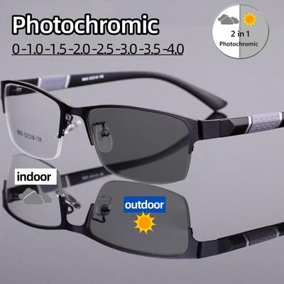 Men's Photochromic Myopia Glasses Vintage Business Half Frame Minus Sight Eyewear Male Outdoor Color Changing Sunglasses 0To-4.0