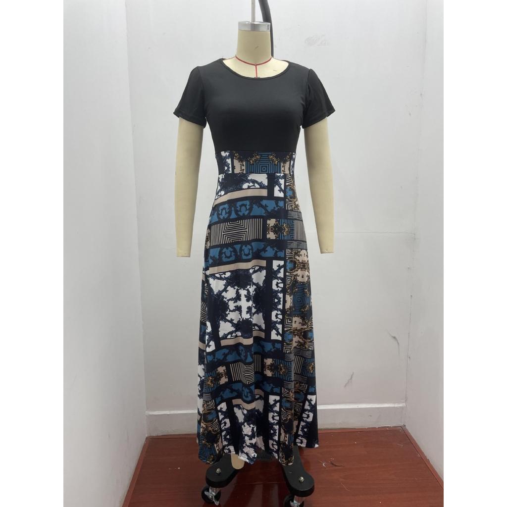 Floral Print Patchwork Short Sleeve Bohemian Dress Women Summer Dress O Neck Big Swing Long Dresses